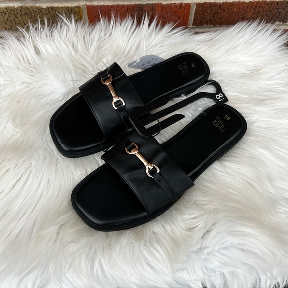 Time and Tru Shoes - Time and Tru Black and Gold Buckle Slip On Open Toe Flip Flop Sandals